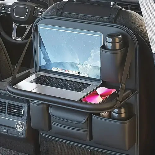 PU Leather Car Backseat Organizer with Foldable Tray – Waterproof & Stylish