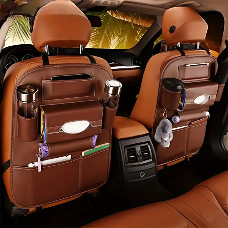 PU Leather Car Backseat Organizer with Foldable Tray – Waterproof & Stylish